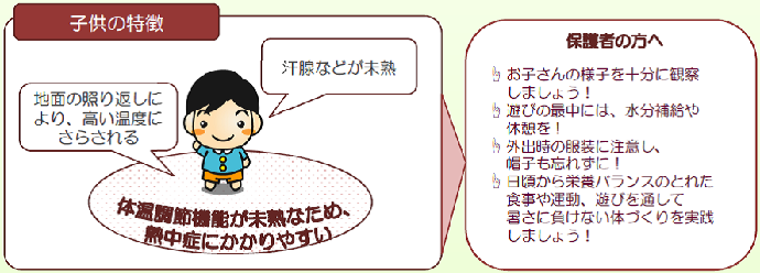 子供の特徴は、体温調節機能が未熟なため、熱中症にかかりやすい。