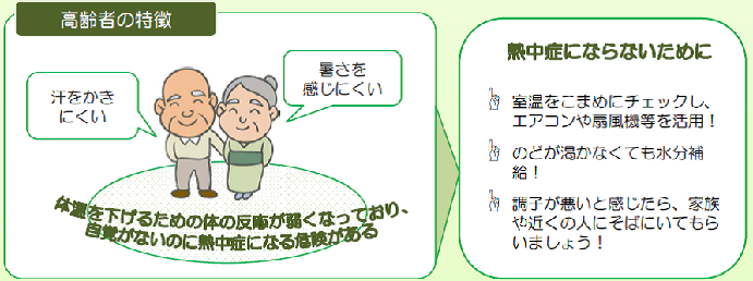 高齢者の特徴は、体温を下げるための体の反応が弱くなっており、自覚がないのに熱中症になる危険がある。