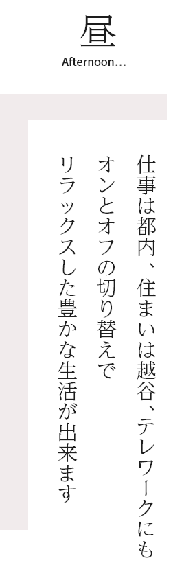 昼　仕事は都内住まいは越谷、テレワークにもオンとオフの切り替えでリラックスした豊かな生活が出来ます