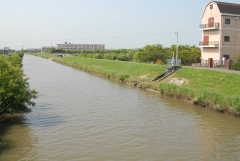 奥から河川防災ステーションを備えた新方地区センター、新栄中学校、さらに下流に進めば東側に大吉調節池が見えてきます