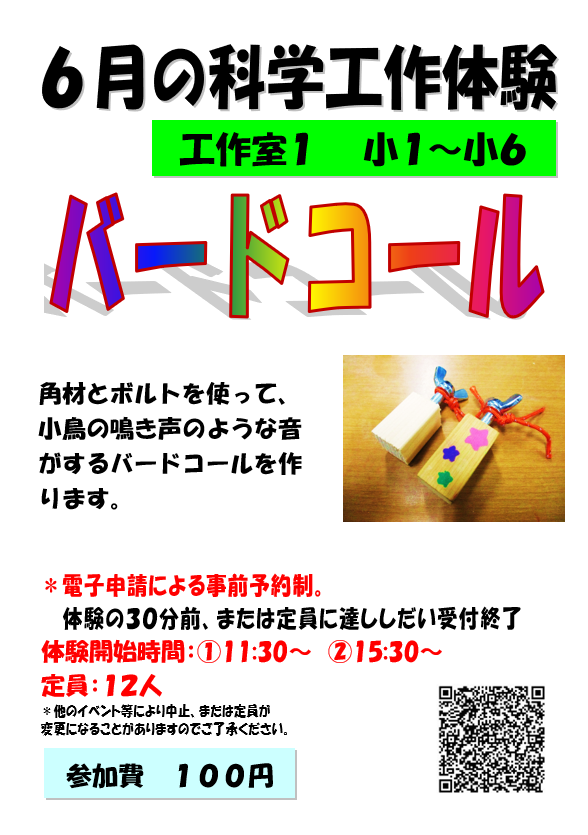 6月の科学工作体験、バードコール、小学1年生から小学6年生