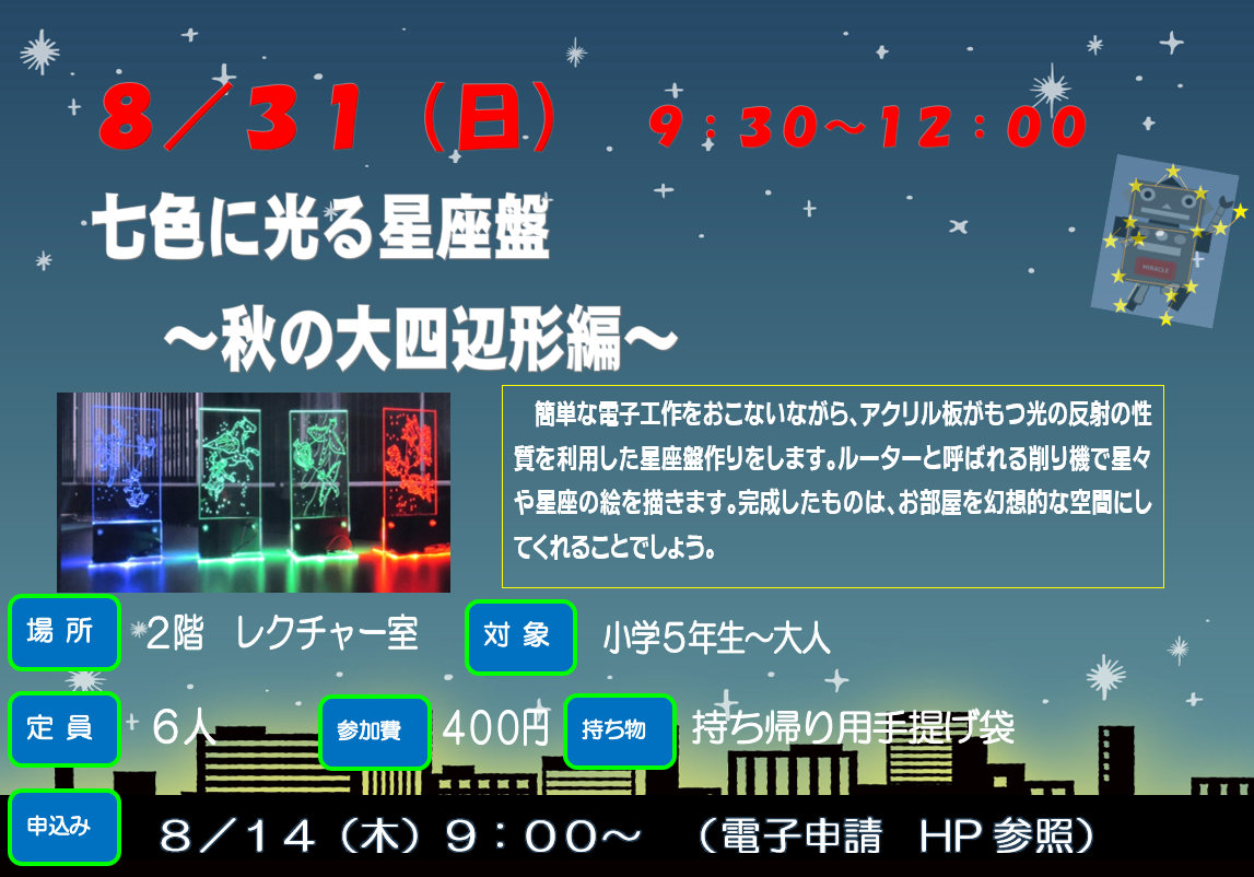 8月31日　日曜日　特別講座　七色に光る星座盤　～秋の大四辺形編～
