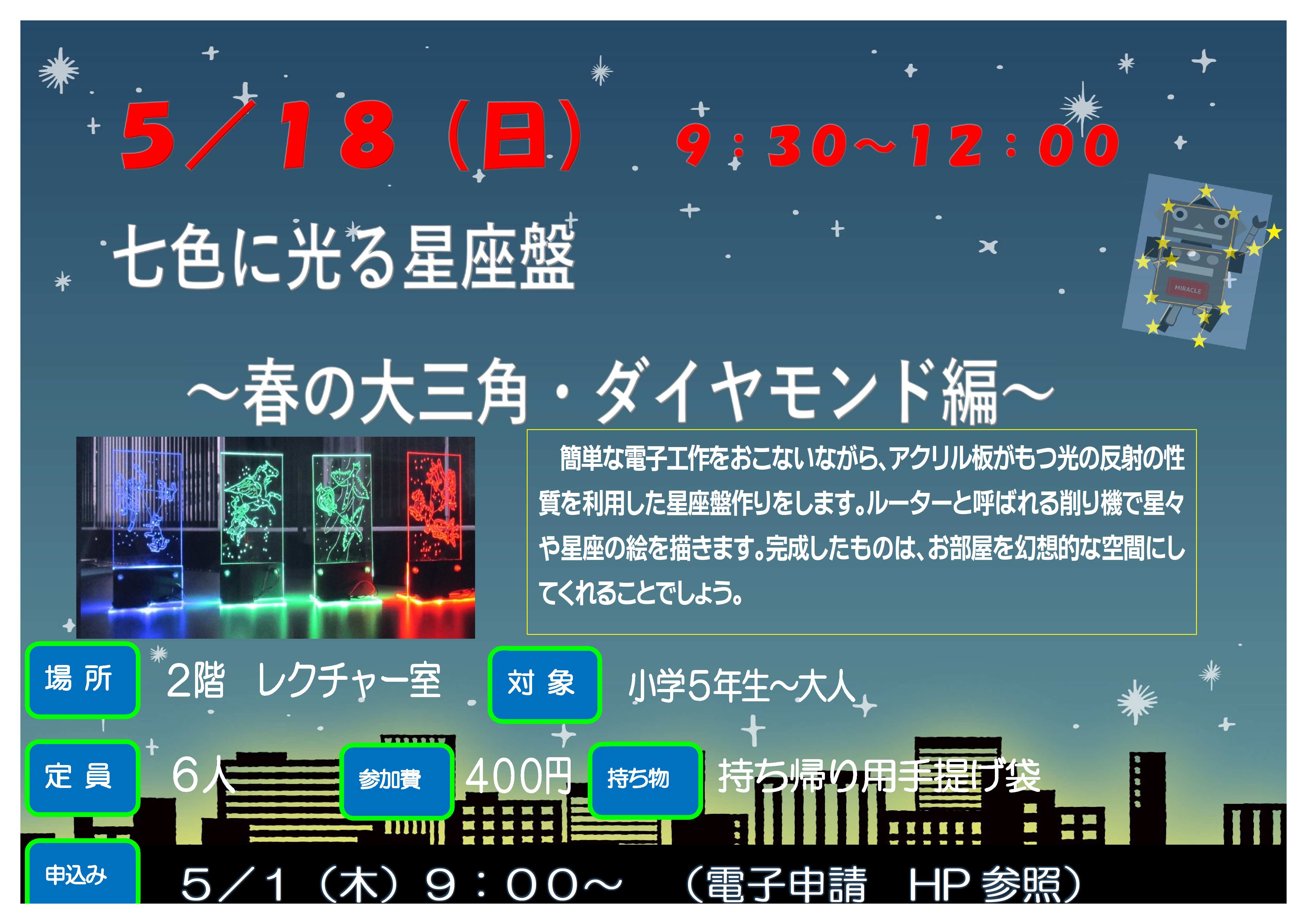 5月18日日曜日、特別講座、七色に光る星座盤、春の大三角、ダイヤモンド編、簡単な電子工作を行いながらアクリル板で星座盤を作ります