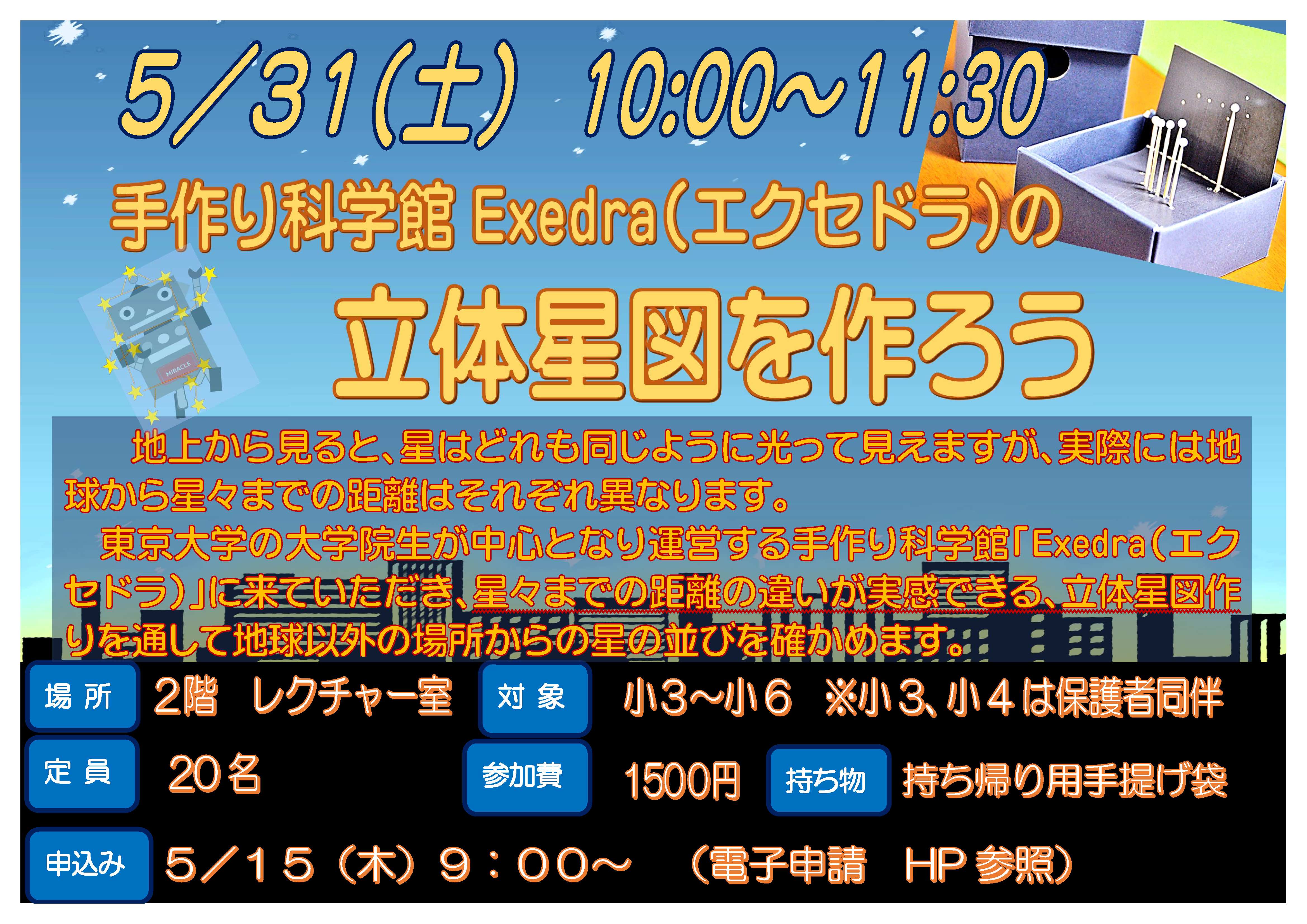 5月31日土曜日、手作り科学館エクセドラの立体星図を作ろう、東京大学の大学院生が中心となり運営する手作り科学館エクセドラに来ていただき星々までの距離の違いができる立体星図を作ります。