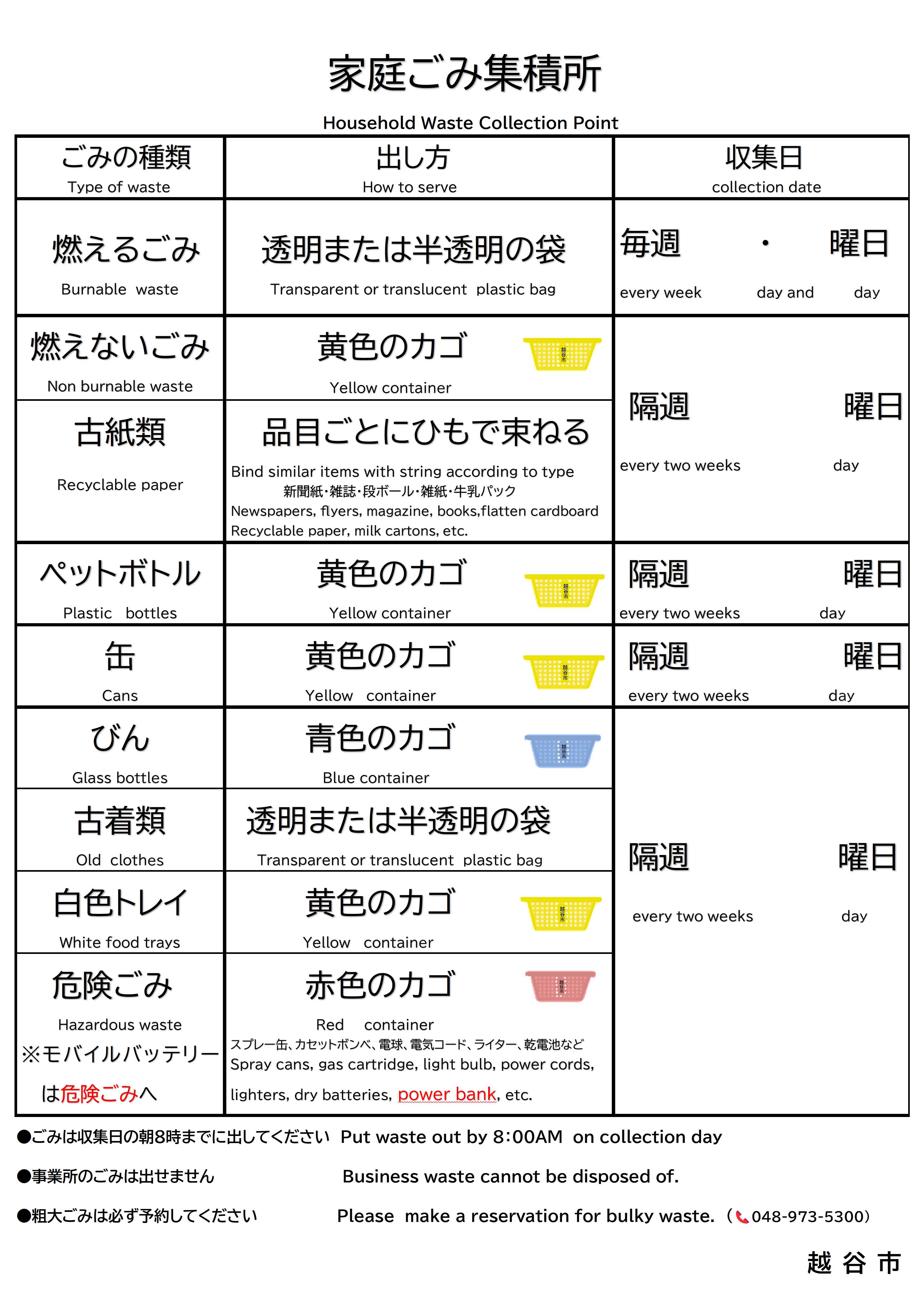 家庭ごみ集積所の看板（英語併記）