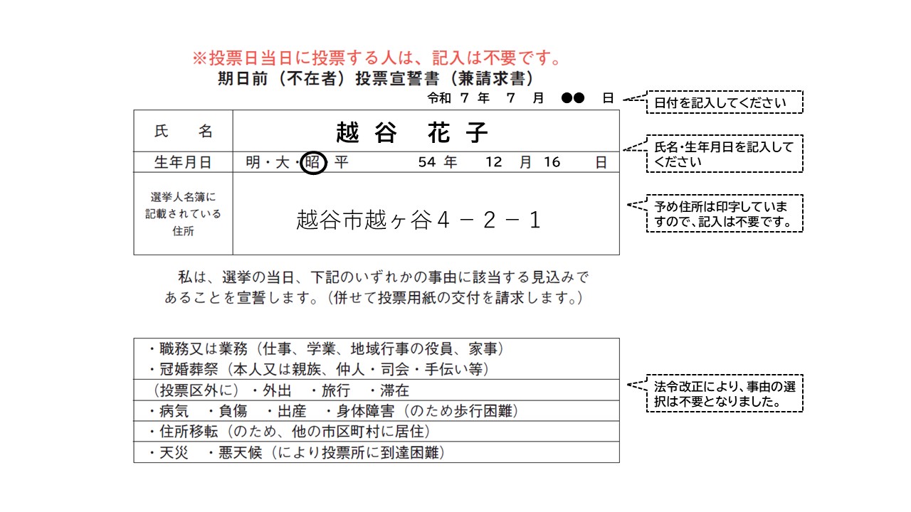 入場整理券の裏面の宣誓書兼請求書の記入例