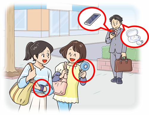 リチウムイオン電池使用製品が日常生活に溶け込んでいるイラスト