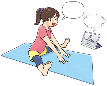 ヨガマットをひいてストレッチしているイラスト