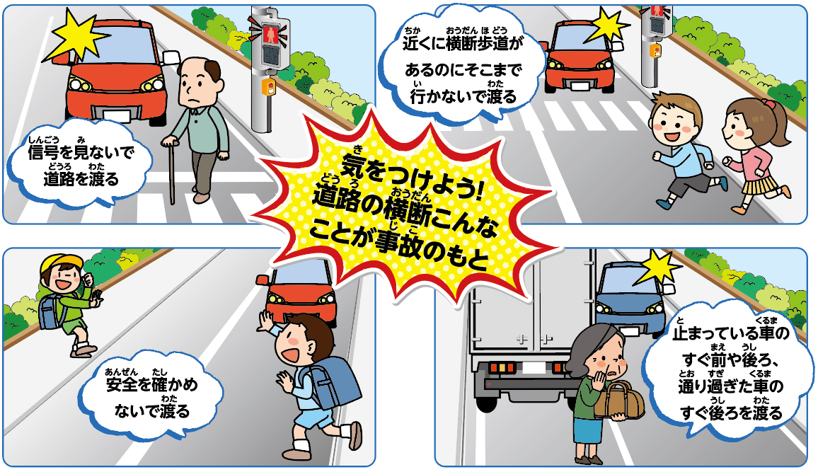 気をつけよう！道路の横断こんなことが事故のもと　信号を見ないで道路を渡る　近くに横断歩道があるのにそこまで行かないで渡る　安全を確かめないで渡る　止まっている車のすぐ前や後ろ、通り過ぎた車のすぐ後ろを渡る