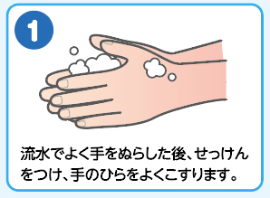 (1)流水でよく手をぬらした後、せっけんをつけ、手のひらをよくこすります。