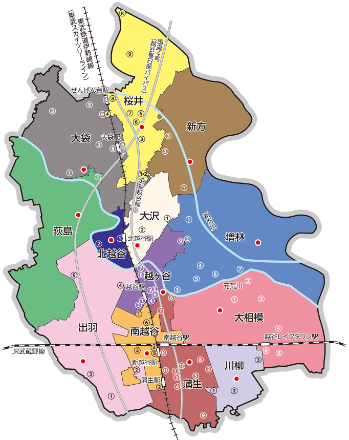 東武鉄道伊勢崎線(東武スカイツリーライン)国道4号(越谷春日部バイパス)せんげん台駅大袋駅北越谷駅越谷駅新越谷駅蒲生駅JR武蔵野線南越谷駅越谷レイクタウン駅桜井大袋新方荻島大沢増林北越谷越ヶ谷出羽南越谷大相模川柳蒲生足立越谷線新方川元荒川