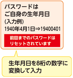 パスワードはご自身の生年月日(入力例)1940年4月1日⇒19400401前回までのパスワードはリセットされています生年月日を8桁の数字に変換して入力