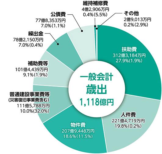 
一般会計　歳出　1,118億円
扶助費　312億3,184万円　27.9%(1.9%)
人件費　221億4,719万円　19.8%(0.2%)
物件費　207億9,448万円　18.6%(11.5%)
普通建設事業費等(災害復旧事業費含む)　111億5,788万円　10.0%(32.0%)
補助費等　101億4,439万円　9.1%(1.9%)
繰出金　78億2,150万円　7.0%(0.4%)
公債費　77億8,353万円　7.0%(1.1%)
維持補修費　4億2,906万円　0.4%(5.5%)
その他　2億9,013万円　0.2%(2.9%)
